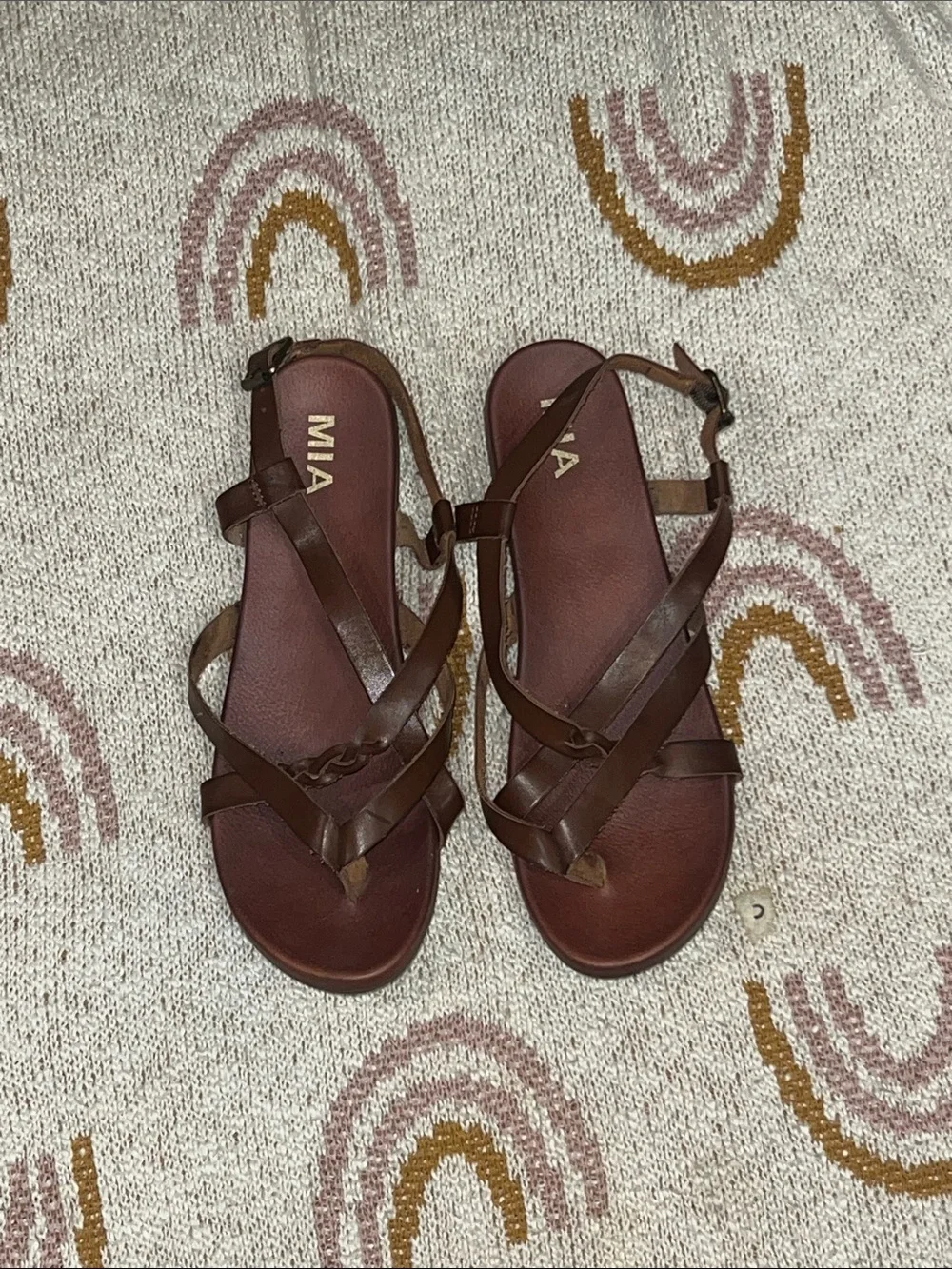 MIA Brown Leather Strappy Flat Sandals